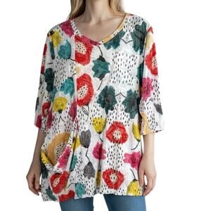 Shana Plus Size XXL 2X Colorful Floral Wearable Art Asymmetrical Shirt Top